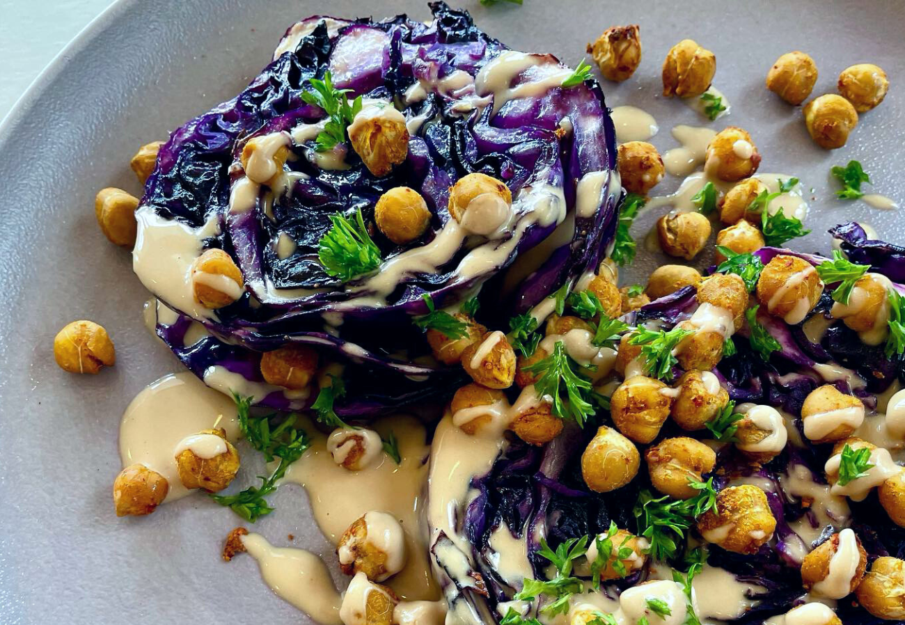 Roasted purple cabbage with crunchy chickpeas and peanut sauce